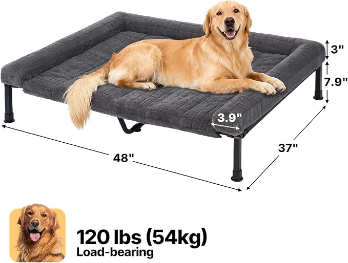 Veehoo Elevated Dog Bed with Fluffy Plush Bolster Cushion, Dog Couch Bed | Cooling Raised Dog Bed for Large Dogs, Washable Orthopedic Pet Cot with Removable Mat, Breathable Mesh, Non-Slip, 48", Grey