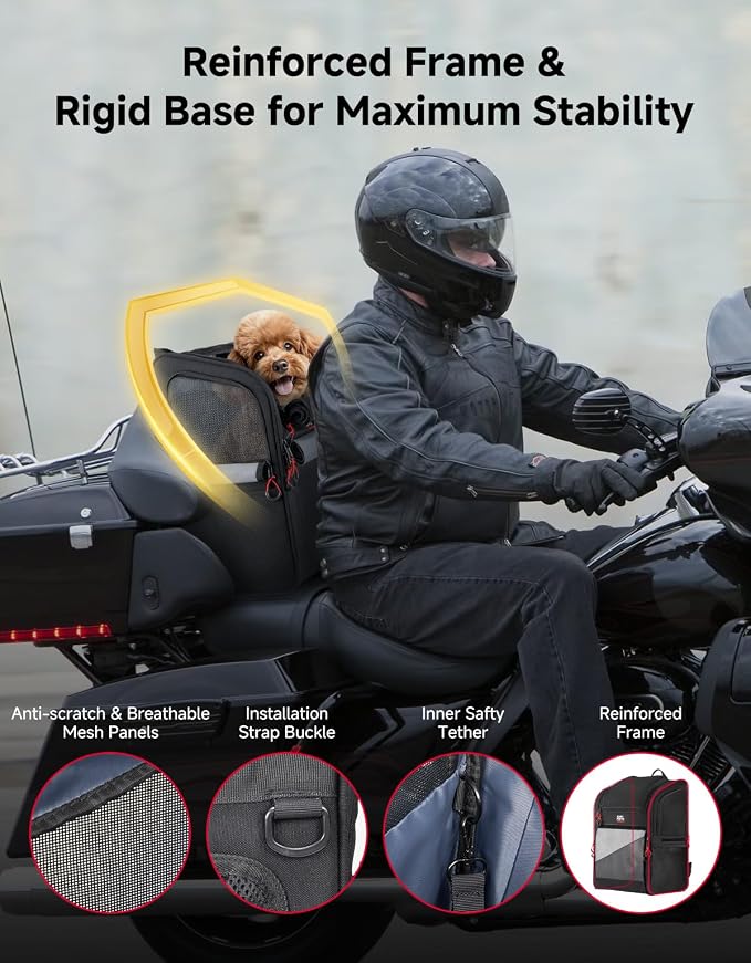 KEMIMOTO Expandable Motorcycle Dog Carrier for Small Dogs &Cat Under 17 lbs | Backpack with Anti-Escape Safety Leash, Foldable Pet Bag, Padded Shoulder Straps Fits for Touring Trike Camping, Daily use