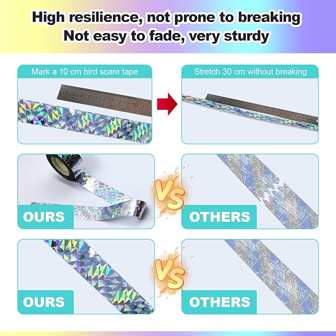 Bird Scare Tape Ribbon(524FT) - Reflective Tape for Birds - Keep Birds Away Outdoor - Scare Tape for Bird Control - Double Side Ribbon, Scare Geese, Pigeon, Duck, Woodpecke- Yard Decoration