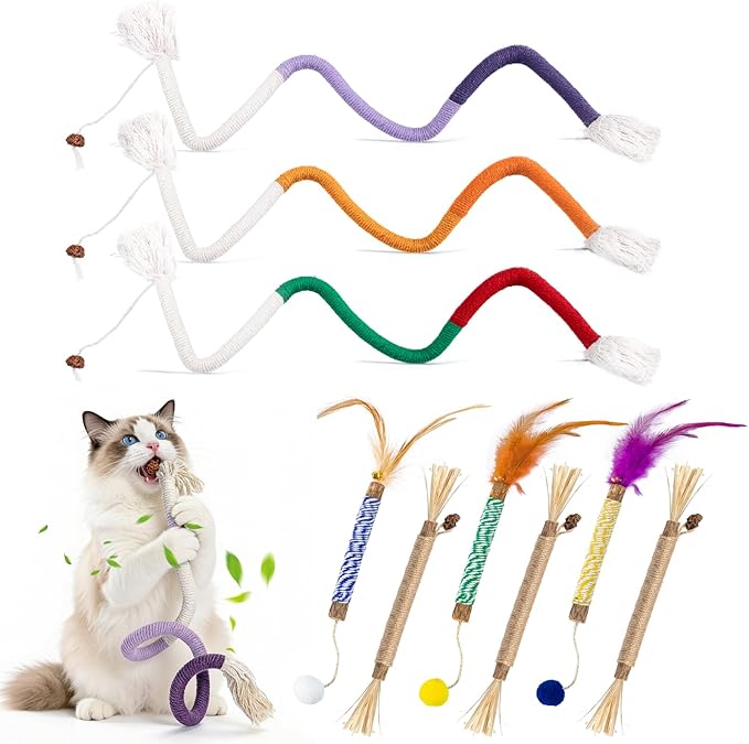Silvervine Sticks for Cats and Cat Chew Rope Toy for Dental Care Teeth Cleaning&Anxiety Relief,Interactive Catnip Toys for Bored Indoor Cats（9pcs）