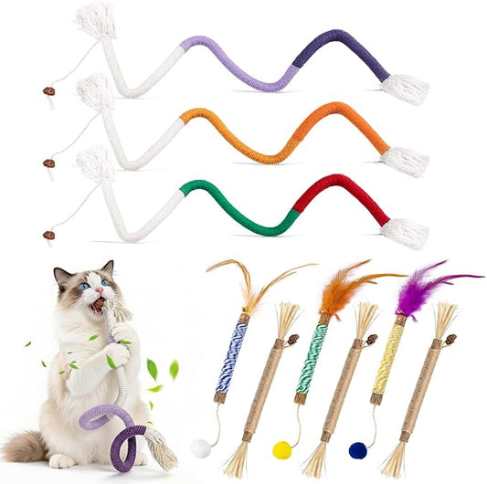 Silvervine Sticks for Cats and Cat Chew Rope Toy for Dental Care Teeth Cleaning&Anxiety Relief,Interactive Catnip Toys for Bored Indoor Cats（9pcs）