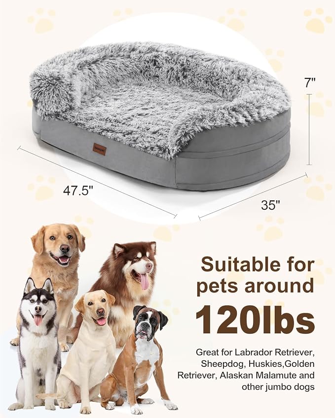 iweepet Fluffy Calming Jumbo Orthopedic Dog Beds for Extra Large Dogs, Supportive Dog Sofa Bed with 3.7 inch 28D Egg-Crate Foam, Removable Washable Plush Cover, Waterproof Lining, 48’’,Grey