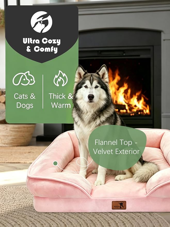 Spotted Play Orthopedic Dog Bed with Sides - Sofa Beds for Extra Large Dogs, Supportive Foam Pet Couch Bed with Washable Removable Cover, Waterproof Lining and Non-Slip Bottom, Pink - XL-Plus