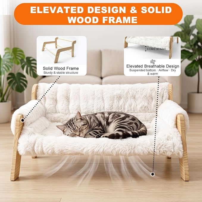 homegroove Elevated Cat Couch Bed, Wood Cat Sofa for Indoor Cats, White﻿ | 27"L x 18"W x 11.8"H, solid wood cat bed with removable washable cushion, available in white and gray, for cats & small dogs