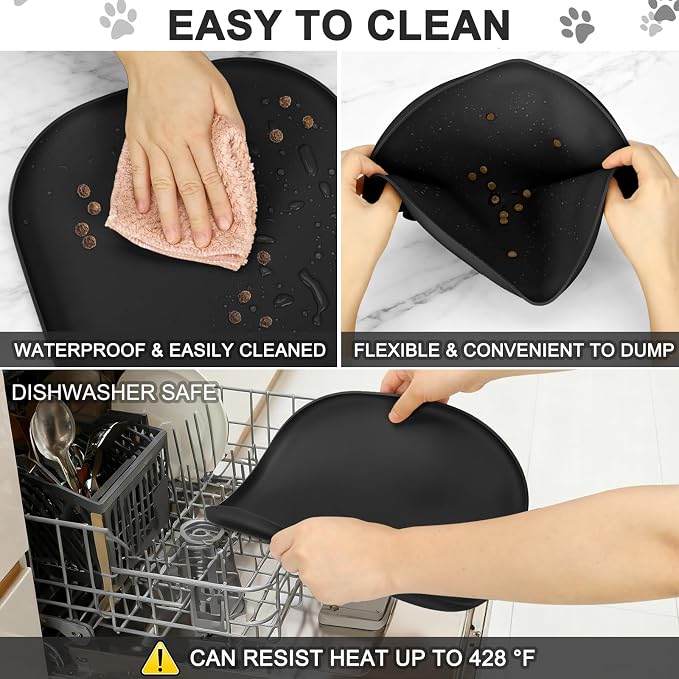 SMILOOL Waterproof Silicone Pet Food Mat with Raised Edge for Dog & Cat | 12" x 12" Non-Slip Small Pet Feeding Mats with Lip for Food & Water Bowl, Food Grade, Easy Cleaning, Black