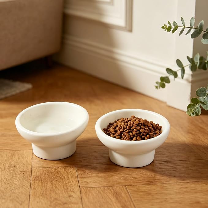 Karibiber Marble Elevated Cat Bowl, White Weighted Raised Cat Food & Water Bowl, Whisker-Friendly Stone Cat Dish with Non-Slip Stand, Heavy Water Bowls for Small Dog