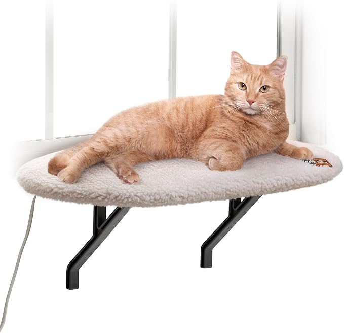 K&H Pet Products Kitty Sill Heated Cat Window Perch for Large Cats, Orthopedic Window Hammock Bed Holds 40LBS, Washable Cover, Kitty Windowsill Bed Seat for Indoors - Cream Fleece, Heated, 14 X 24in