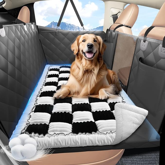 Dog Bed for Car Back Seat, Non-Slip Backseat Pet Mat Standard | Soft Blanket for Travel, Plaid Flannel, Quilted PP Cotton Filling, Non-Slip Backing, Machine Washable, Fit Backseat Extenders