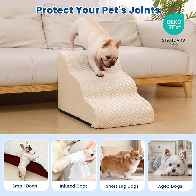 Dog Stairs for Small Dogs & Cats,3 Steps Non-Slip Pet Ramp for Couch,15.7"H | Airpanda Pet Stairs with Washable Cover & High-Density Foam,Gentle Curved Design,Ideal for Senior & Short-Legged Dogs,Beige