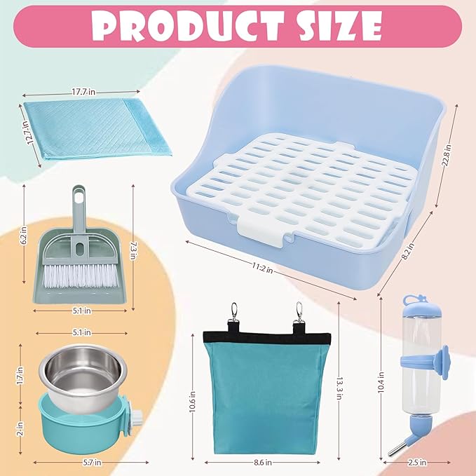 Rabbit Litter Box Trainer with Hay Feeder Hanging Bowls Water Dispenser for Cage Drawer Pan Litter Bedding Small Animal Pet Toilet Bunny Guinea Pigs Chinchilla Ferret Small Animals Blue