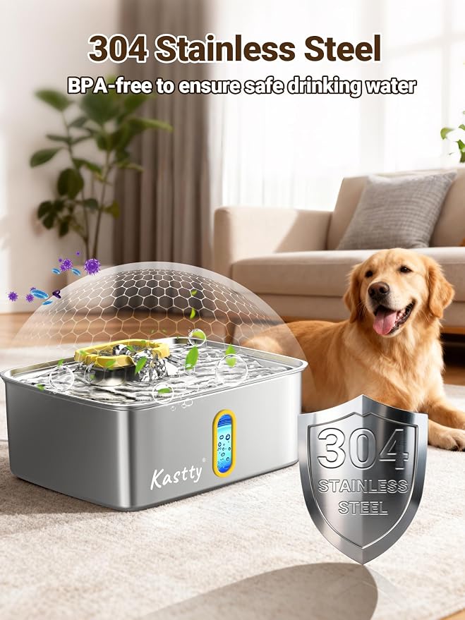 Kastty 15L/3.96 Gal Stainless Steel Large Capacity Dog Water Fountain | Ultra Quiet Dog Water Bowl Dispenser LED Light Multi Filtration Cat Water Fountain,Pet Water Fountain Easy Clean(FS78,Yellow)
