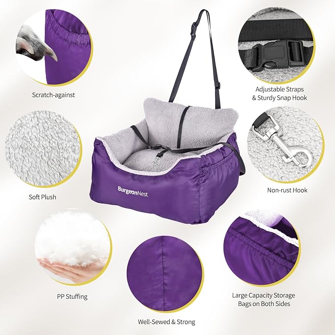 Dog Car Seat for Small Dogs & Cats Under 25 lbs, Purple