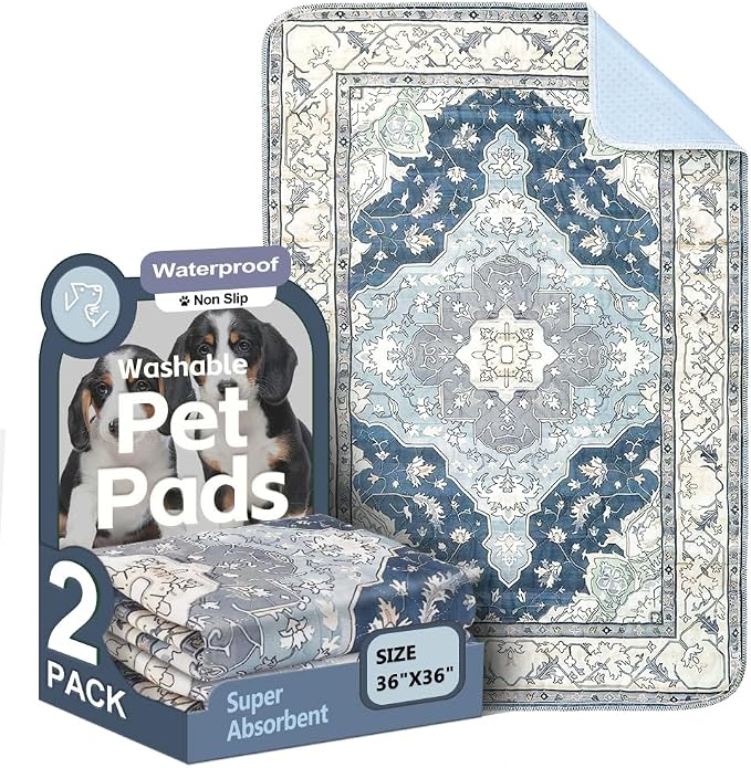 Washable Pee Pads for Dogs, 2 Pack Reusable Puppy Training Pads 36"x36" Super Absorbent Waterproof Dog Training Pads, Non-Slip Potty Pads, Whelping Pads Litter Mat Navy & Ecru