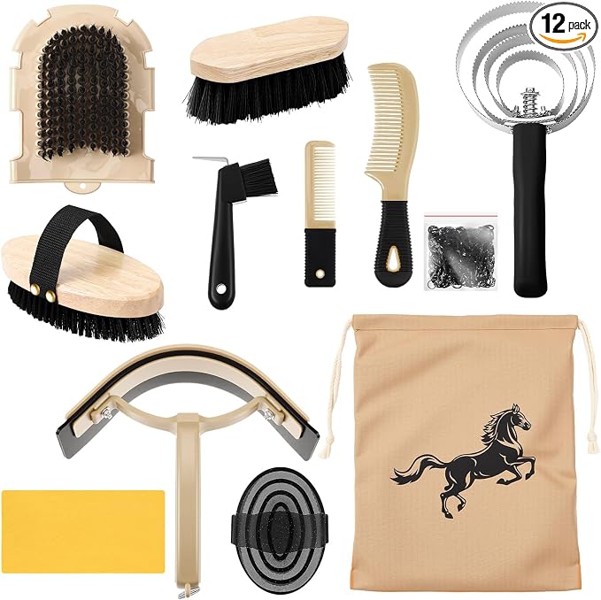 Abbylike 12 Pieces Horse Grooming Kit Racing Festival Tack Room Supplies Horse Brush Sets Equine Care Cleaning Kit Shedding Grooming Massaging Tools(Black)