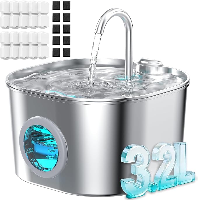 Stainless Steel Cat Water Fountain: 108oz/3.2L Pet Water Fountains Cat Watering Fountain Indoor Automatic Waterer Dispenser for Drinking Small Dogs Water Bowl Metal Kitty Faucet Watering Supplies
