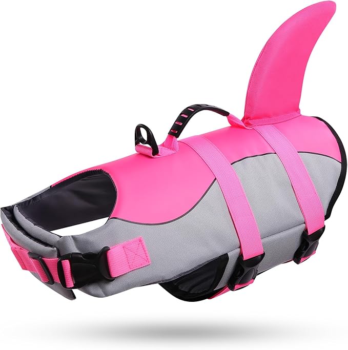 Dog Life Jacket Ripstop Shark Dog Safety Vest Adjustable Preserver with High Buoyancy and Durable Rescue Handle for Small,Medium,Large Dogs, Pink Shark X-Large
