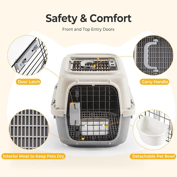 NEWBULIG 23" Hard-Sided Dog Carrier, Plastic Cat & Dog Crate, 4-Sided Ventilation Travel Pet Kennel, Top & Front Door Access, Integrated Food Bowl, for Small Pets up to 22 lbs - Beige & Grey