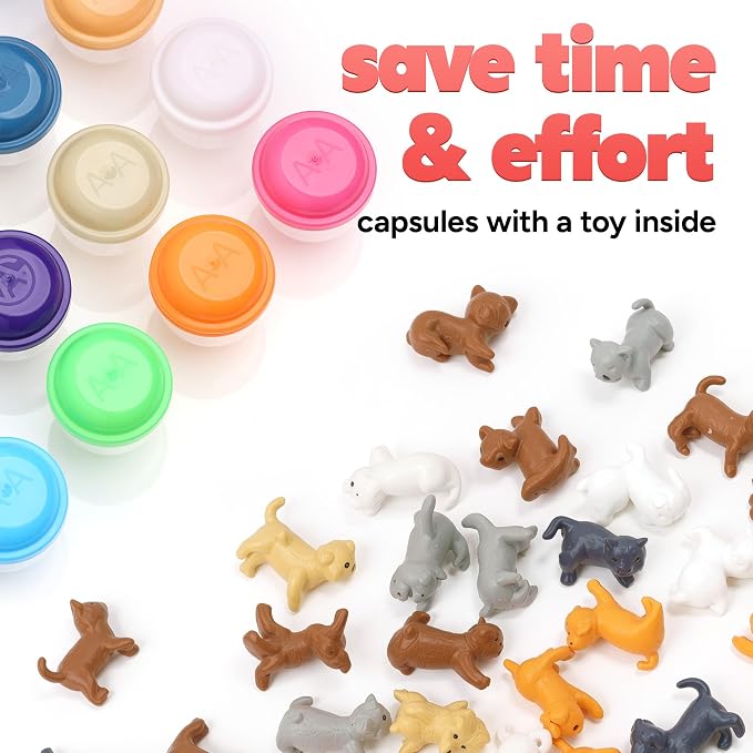 Pet Figurines Toys in Capsule - 50 Pcs - 1.1 Inch Plastic Capsules with Cute Dog and Cat Figurines for Kids - Bulk Toys for Easter Hunt Games - Vending Machines - Classroom Prizes