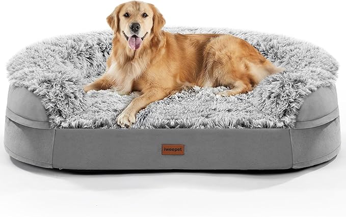 iweepet Fluffy Calming Orthopedic Dog Beds for Large & Extra Large Dogs, Supportive Dog Sofa Bed with 3.7 inch 28D Egg-Crate Foam, Removable Washable Plush Cover, Waterproof Lining,44’’,Grey