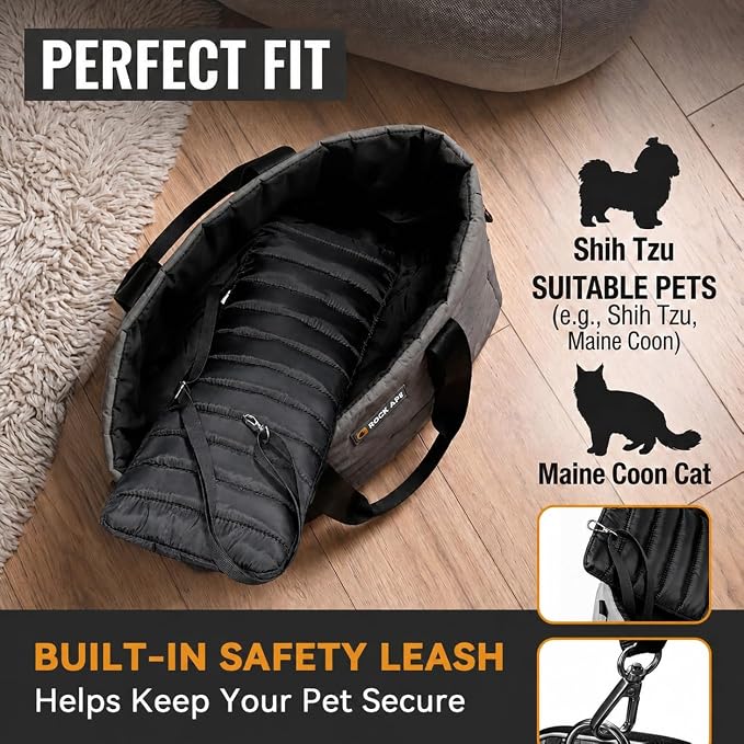 ROCK APE Water-Resistant Pet Carrier Tote, 280D Taslan Soft-Sided Travel Bag for Small Dogs & Cats, Lightweight Dog Purse with Padded Mat & Safety Leash (Grey)