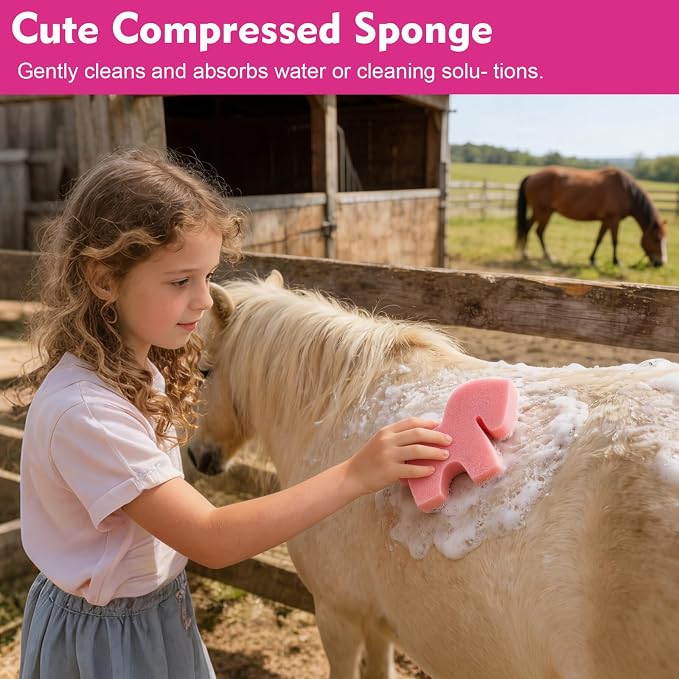 Horse Grooming Brush Kit, 9Pcs Horse-Brush Set with Organizer Tote Bag, Shower Brushes, Braiding Comb, Sweat Scraper, Hoof Pick, Shedding Massaging Tool Supplies for Riders Beginners, Pink