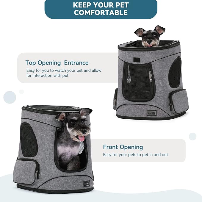 Petsfit Dog and Cat Backpack Carrier, Padded Waist Support, Up to 18 lb | 13.5 x 12.5 x 17.5 in; reinforced frame, 600D Oxford, 4 mesh panels, lockable zippers, safety tether and washable mat.