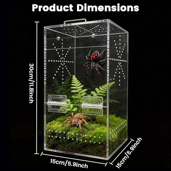 Jumping Spider Enclosure, 6"×6"×11.8" Escape Proof Transparent Acrylic Enclosure, Magnetic Door Acrylic Tarantula Terrarium with Feeding Port, Praying Mantis Terrariums, Arboreal Tarantula Cribs
