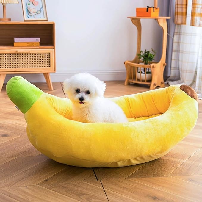 Banana Pet Bed for Small Dogs and Cats, Cozy Enclosed Calming Cave Bed with Removable Plush Cushion for Indoor Kittens Puppies Small Pets (Banana Bed + Bone Toy, Small)