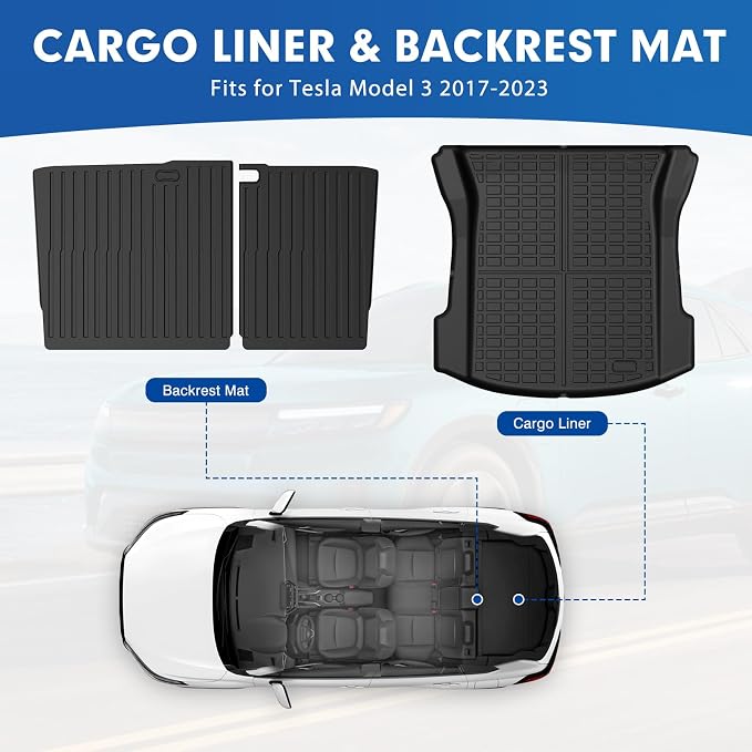 Mixsuper Cargo Liner for Tesla Model 3 2017-2023, All Weather Trunk Mat Backrest Mat TPE Back Seat Cover Protector for Model3 Accessories