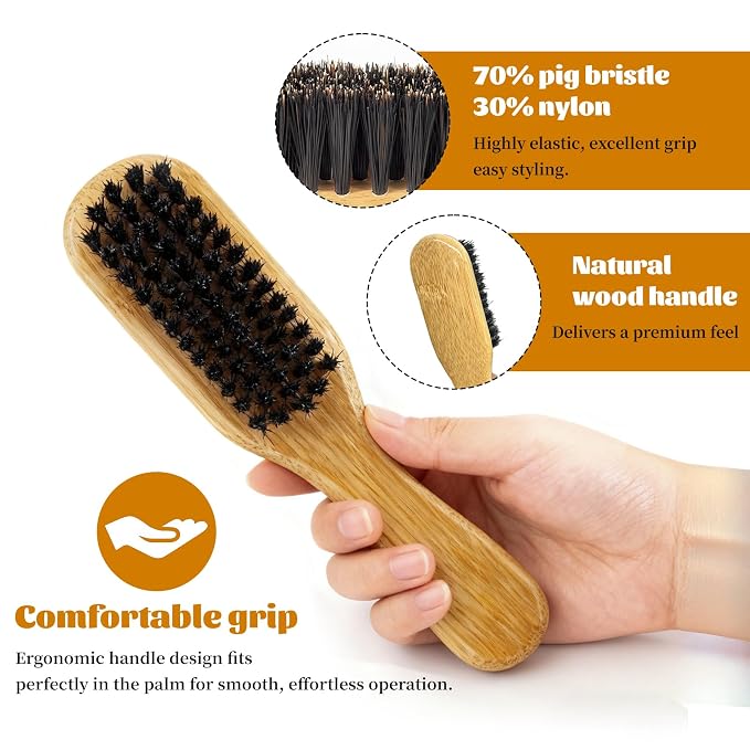 40 Pack Small Boar Bristle Hair Brush Bulk, Bamboo Handle -Slick Back Beard Brush, Hard Bristle Brush for Thick Hair, Curly, Frizz Control,Dual Use for Women & Men, Pet Grooming Cat & Dog