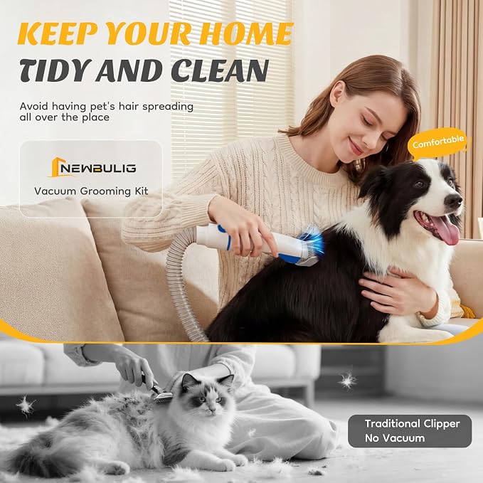 NEWBULIG Pet Grooming Vacuum Kit for Cats and Dogs, 2.5L Dust Cup | 3 Suction Modes and 5 Groomer Tools, Low Noise for Cats, Dogs Other Animals Hair Trimmer, White and Blue