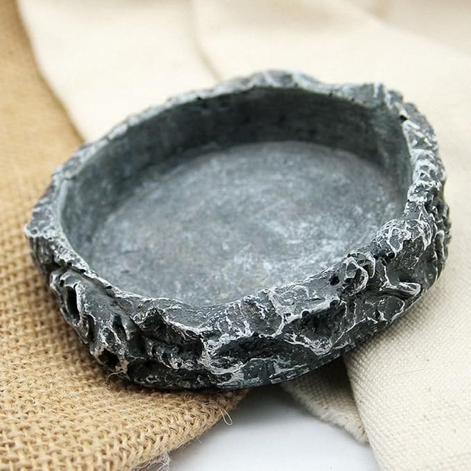 OMEM Reptile Natural Bowl Food and Water Dish Resin Made (2PCS- Gray S)