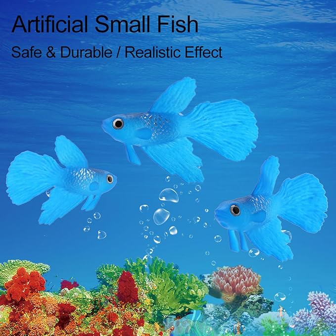 Fake Fish, Silicone Betta Fish Toys, Artificial Fish for Fish Bowl, Aquariums, Swimming Pools and Other Decoration (No. 3 Blue Betta)