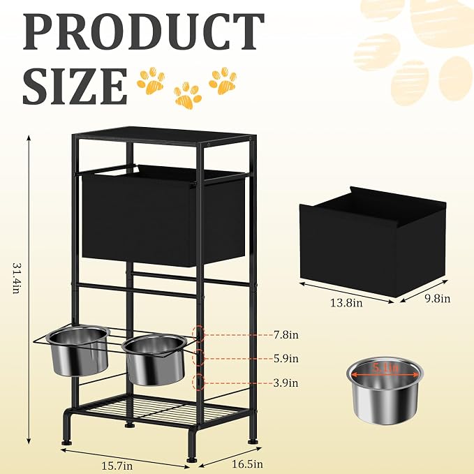 Raised Dog Bowl Stand with Storage Basket and Shelves, Height Adjustable | Dog Feeding Station with Pet Storage Organizer for Small Medium Large Dogs Cats, Black