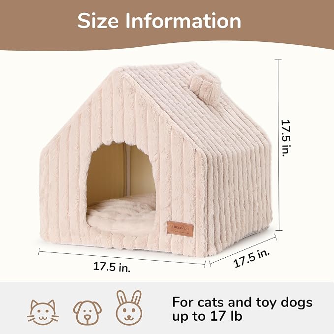 FUKUMARU Cat Bed Cave, Enclosed Washable Covered Dog Bed with Support Frame | Large Cat House for Indoor Cats, Cozy Cat Hideaway for Anxious Cats, Soft Plush Faux Fur Cat Tent Bed, Non-Slip Bottom