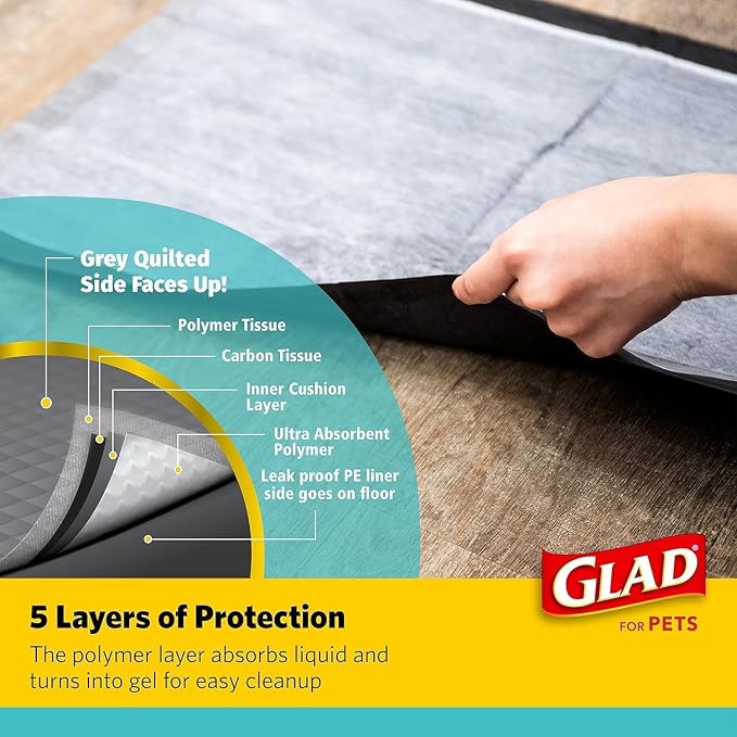Glad for Pets Black Charcoal Puppy Pads, 17.5 x 23.5 Inch, 120 Count, 2-Pk | Super-absorbent core, disposable design, 17.5x23.5 in, potty crate and indoor training