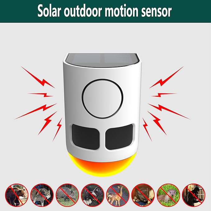 Solar Motion Sensor Alarm - Motion Sensor Dog Barking 129dB Noise Maker, Outdoor Security Siren Waterproof Motion Activated Detector 4 Work Modes for Farm, Barn, Yard (2 Pack)