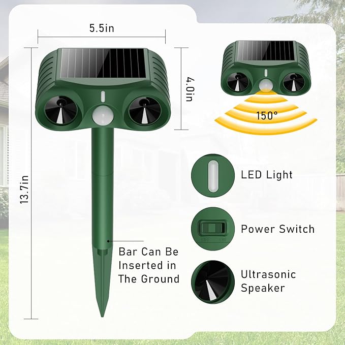 2026 Upgraded Ultrasonic Solar Animal Repellent Outdoor,USB-C Charging and Wall-Mounting Capability with Motion Activated,for Deer Cat Squirrel Raccoon Rabbit Dog Garden Yard