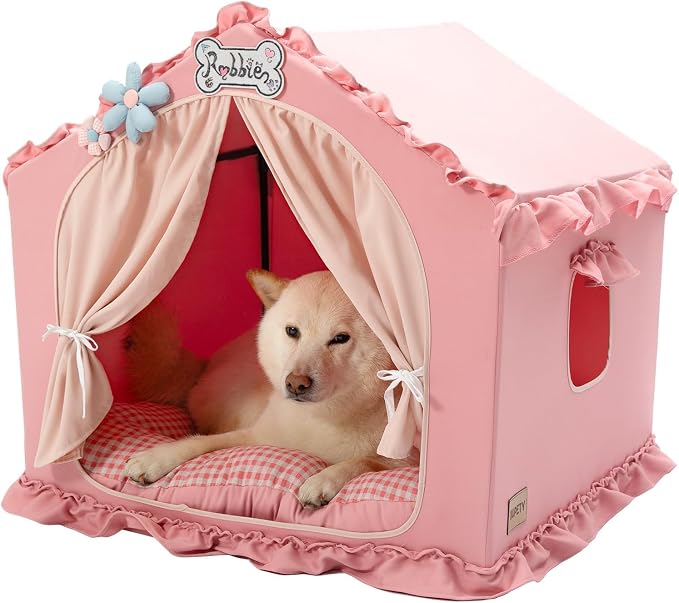 Indoor Dog House with Frame,Cute Dog Tent Bed with Cover Cave,Pink | Breathable,Washable,and Foldable House, Suitable for 22-40 Lb, Large (25"×25"×25"),Inside Dog House