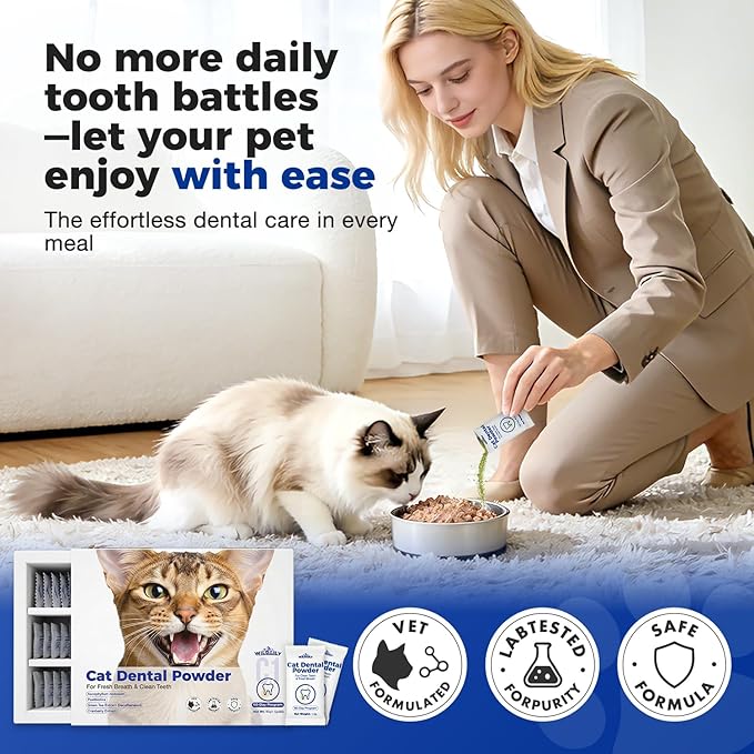 Cat Dental Powder - Freshens Breath, Removes Plaque & Tartar, Prevents Gum Disease - All-Natural Ingredients, No Artificial Additives(1.5g* 60 Pcs)