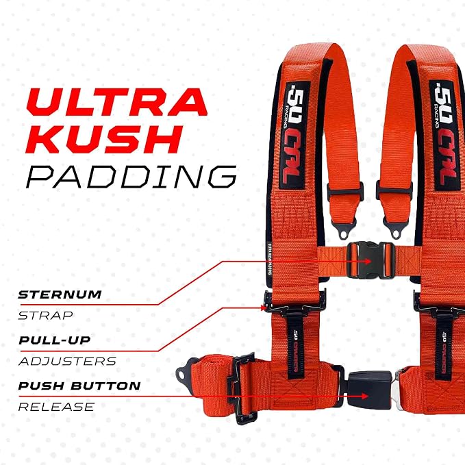 1pc 50 Cal Orange 4 Point Harness 3in Straps, Racing Harness Seat Belt | Ultra Kush padding, Push Button quick release hardware. Universal Fit for UTV, RZR, race car.
