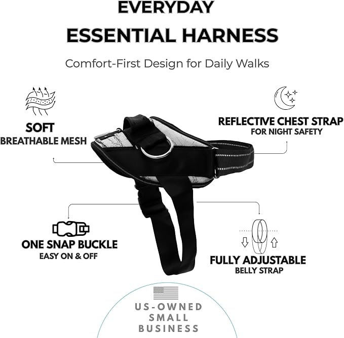 ShawnCo Essential Dog Harness, No-Pull Pet Vest (White Marble,XL) | 3 Leash Clips, Easy On, No-Choke, Reflective, Adjustable Fit, Padded Comfort, Control Handle, For Small, Medium & Large Dogs