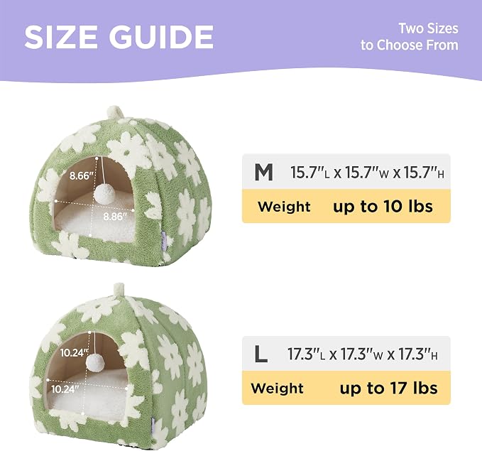 Lesure 2in1 Cute Cat House for Kitten with Washable Cushioned Pillow,17.3in | Cat Beds for Indoor Cats,Small Pet Cave Tent,Cozy Enclosed Foldable Hideaway,Fluffy Ball,Anti Slip Bottom,Hand Strap,Green