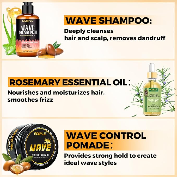 360 Wave Kit for Men Grooming Kit for 360 Waves - 3 Wave Brushes, Soft, Medium & Hard - Satin Durag, Hand Mirror, Hair Comb, Hair Brush Cleaner, Wave Pomade & Shampoo & Rosemary Oil - Best Gift Set
