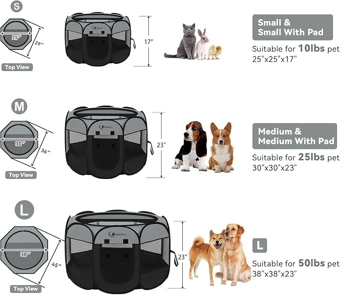 Siedihit Playpen for Middle Dog Cat, Dogs Tent Crate Cage Indoor | Outdoor, Portable Pop Up Dog Kennel with Carrying Bag for Rabbits (Dark Grey with Pad, Medium)