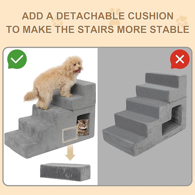 5-Step Dog Stairs for High Bed, 23” H Dog Steps for Bed, Pet Steps for Small Dogs and Cats with Non-Slip Washable Cover, Indoor, Grey