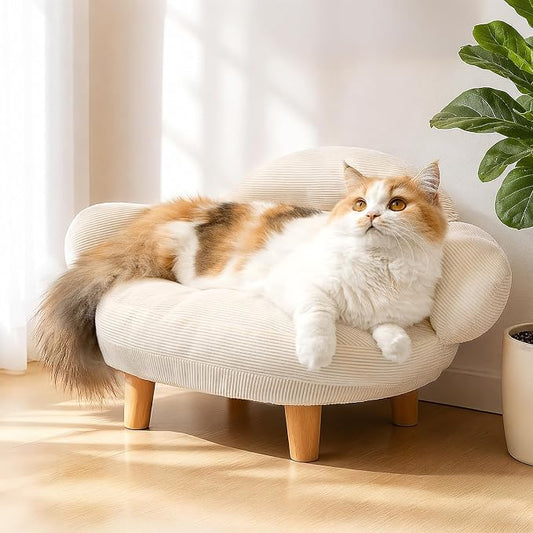 White Cat Sofa Bed, Furniture Style Pet Couch with Pine Wood Legs | Removable Cotton Velvet Cover, Cozy Cushion Design, Stylish Home Décor Pet Furniture for Cats and Small Dogs