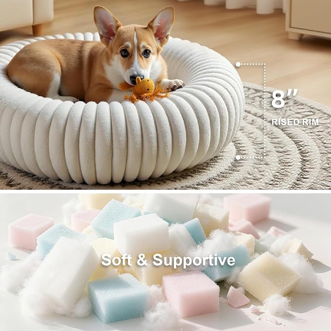 Calming Dog Bed Anti-Anxiety Donut Dog Beds for Small Medium Large Dogs,Washable Plush Fluffy Indoor Cat Kitten Round Cuddler Cushion (Cream, Large-36 inch)