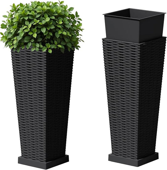 Devoko Resin Tall Planters for Outdoor Plants Set of 2, Large Taper Outdoor Planter Pots with 4 Drainage Holes, Flower Pots Modern Decor for Porch, Patio, Backyard, Garden(Black, 23.6" with Trays)
