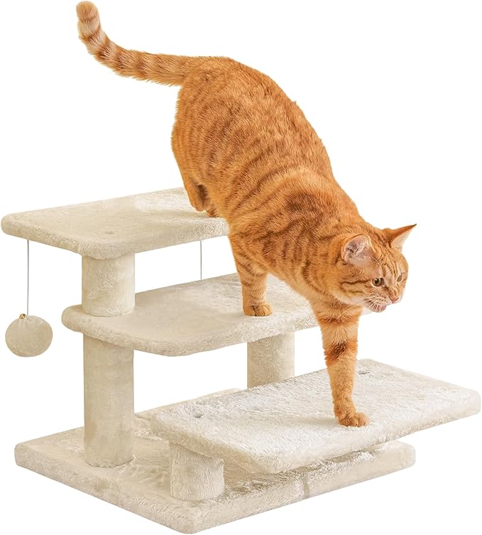15''H Multi-Step Pet Stairs for High Beds & Sofas, 3-Step Cat Stairs with 2 Toy Balls, Wide Boards for Indoor Kittens Dogs Pets Climbing, Beige